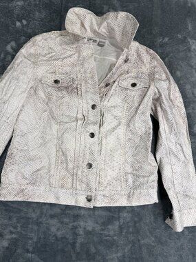 Chicos Womens Beige Gray Snake Print Button Up Jacket Size 0
